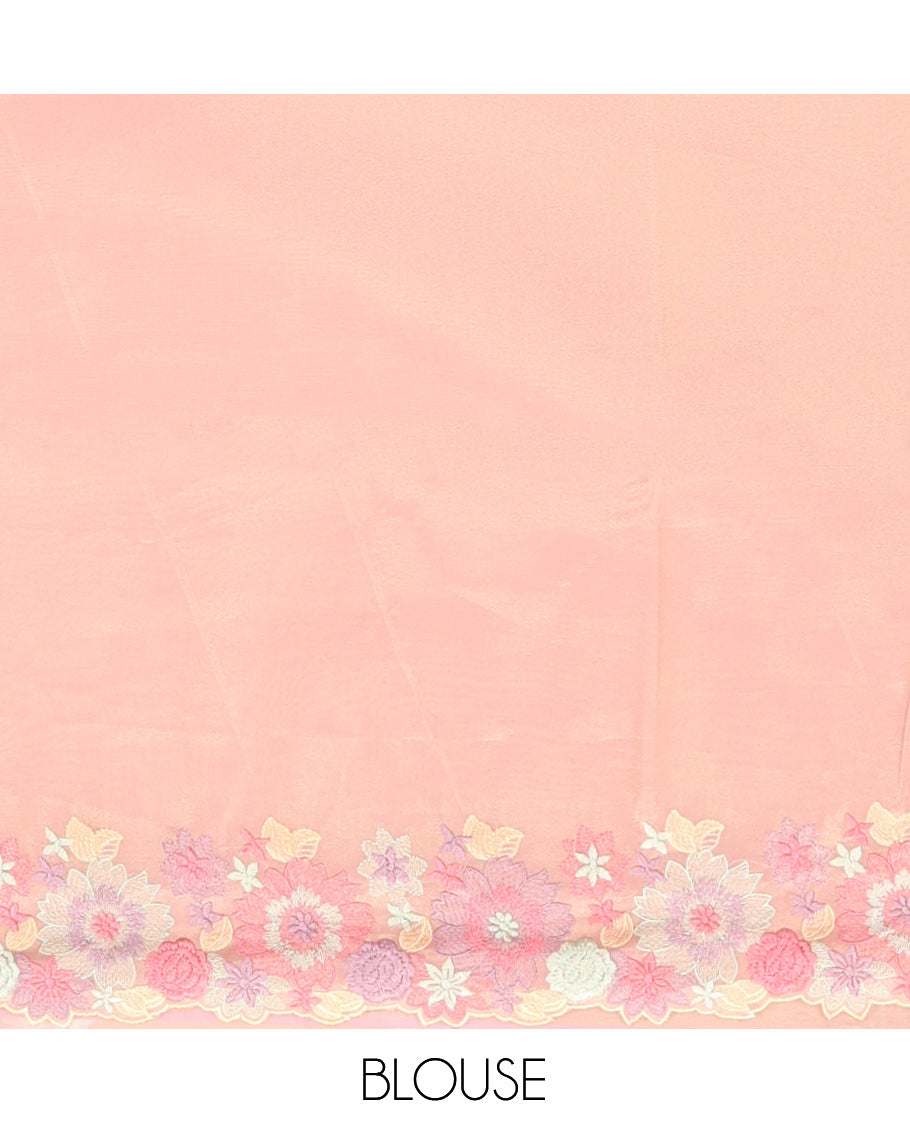 Pink Plain Organza Saree, a Scallop Tropical Floral Embroidery Border, and a Matching Blouse