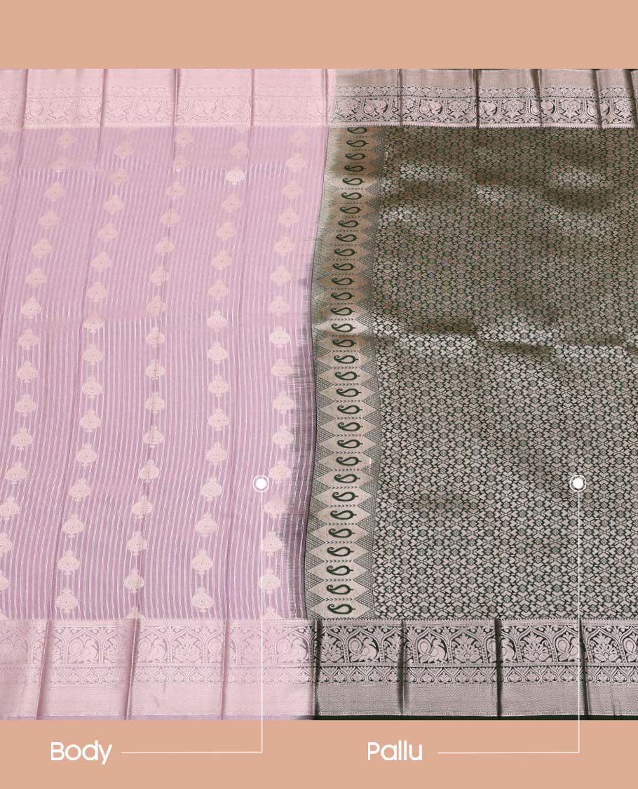Grey Budget Silk Saree, Steeped with Buttas and Stripes All Over Its Body, Highlighted by Traditional Zari Designs Woven Border, Grand Pallu and Paired with a Contrast Blouse