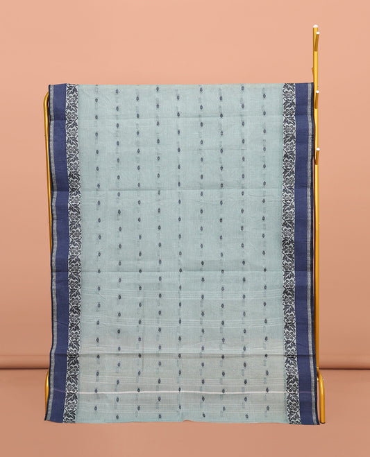 Grey Bengal Cotton Saree, Delicately Woven with Buttas All Over Its Body, Complemented by a Contrast Floral Creeper Design Border, Pallu of Stripes, and Paired with a Matching Blouse