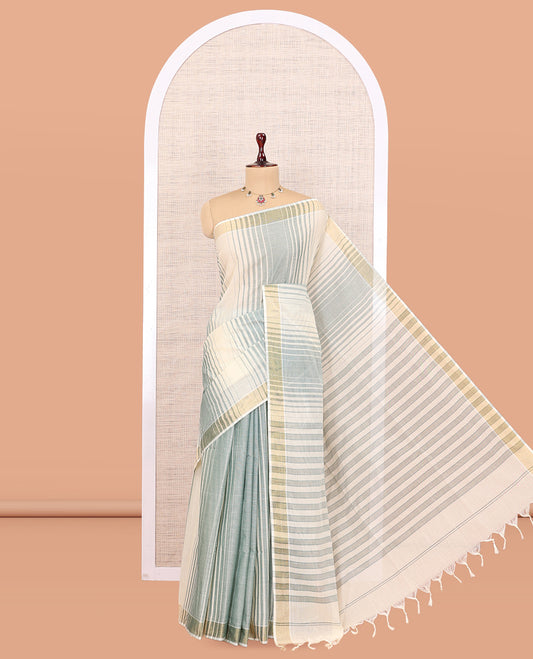 Cream-Green Jute Cotton Saree