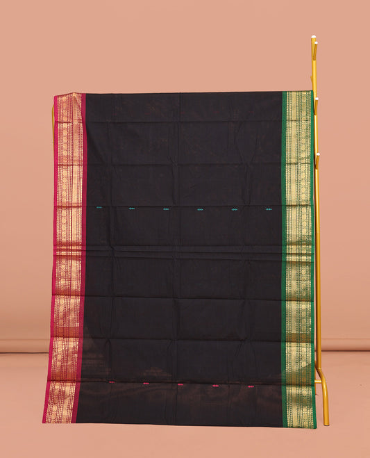 Black Chettinad Cotton Saree, Delicately Woven with Buttas All Over Its  Body, Complemented by a Contrast Traditional Zari Design Woven Ganga-Jamuna Border, Pallu of Stripes, and Buttas, and Paired with a Matching Blouse