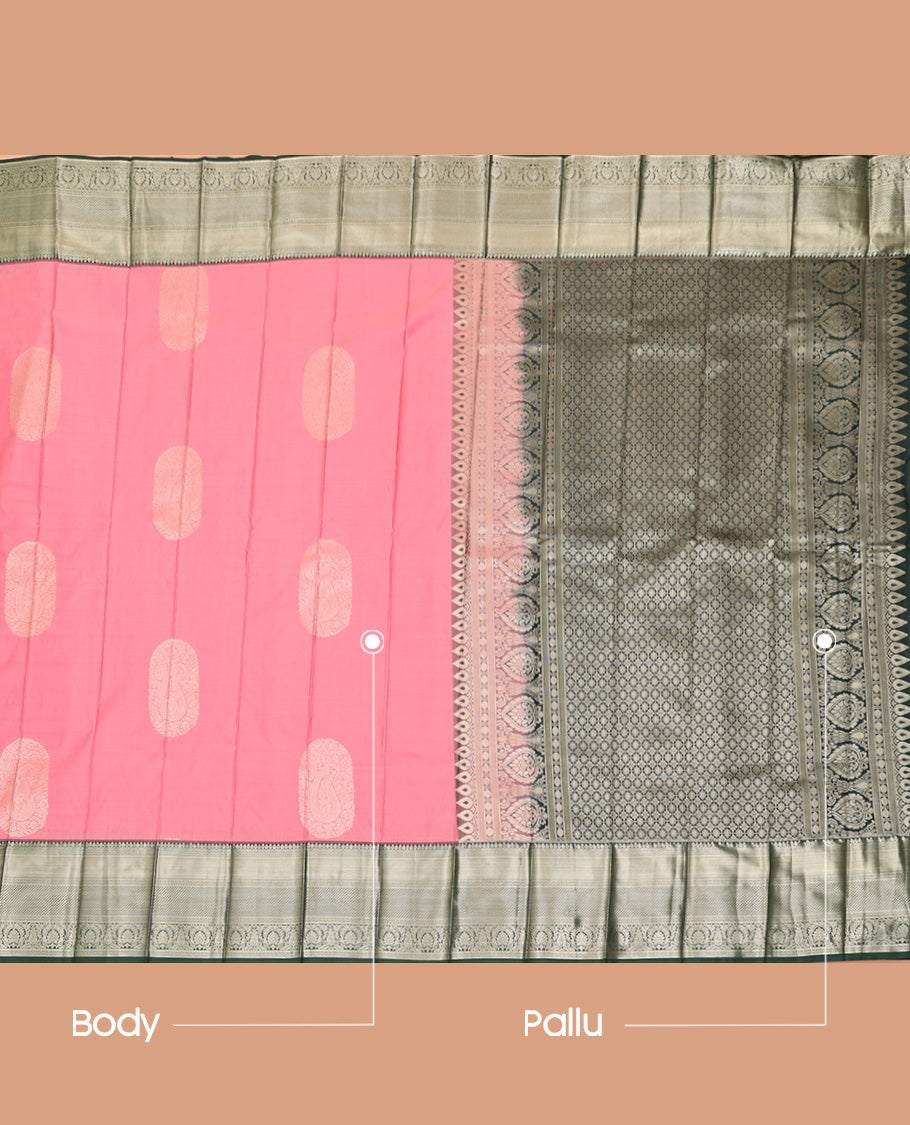 Pink Budget Silk Saree, Opulently Woven with Paisley Buttas All Over Its Body, Complemented by Contrast Traditional Zari Designs Woven Border, Intricate Pallu and Paired with a Contrast Blouse