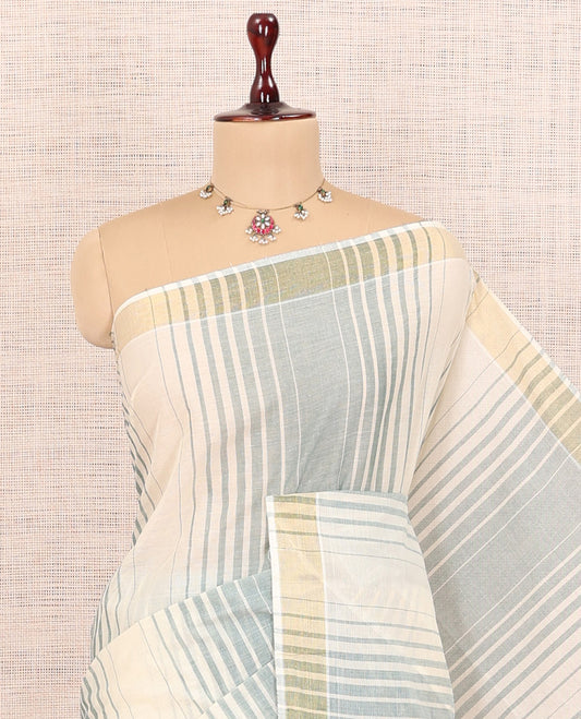 Cream-Green Jute Cotton Saree
