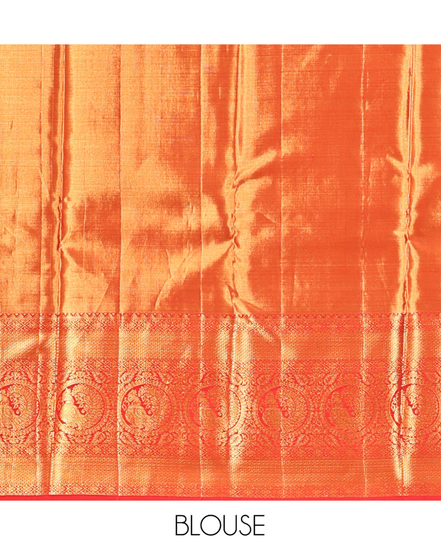 Gold Floral Jacquard Kanchipuram Tissue Silk Saree, a Contrast Border of Rekku, Diamond, and Round Mayil Design, Grand Pallu, and a Contrast Blouse