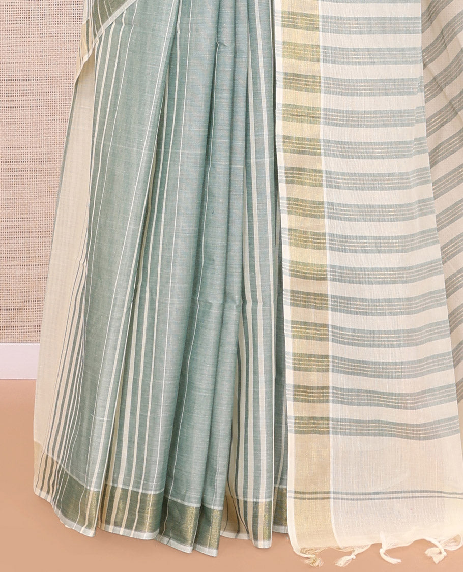 Cream-Green Jute Cotton Saree