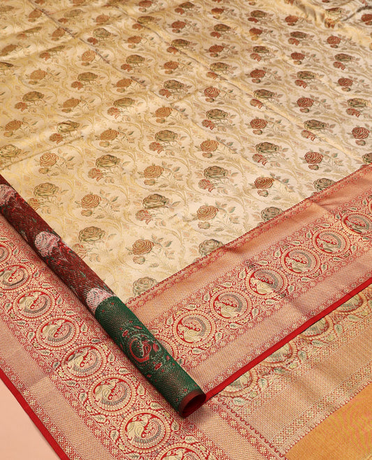 Gold Floral Jacquard Kanchipuram Tissue Silk Saree, a Contrast Border of Rekku, Diamond, and Round Mayil Design, Grand Pallu, and a Contrast Blouse