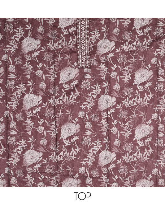 Brown Material Chudidar Set, Prettified with Floral Print and Embroidery on Cotton Top, a Plain Bottom, and Paired with a Floral Embroidered Scallop Dupatta