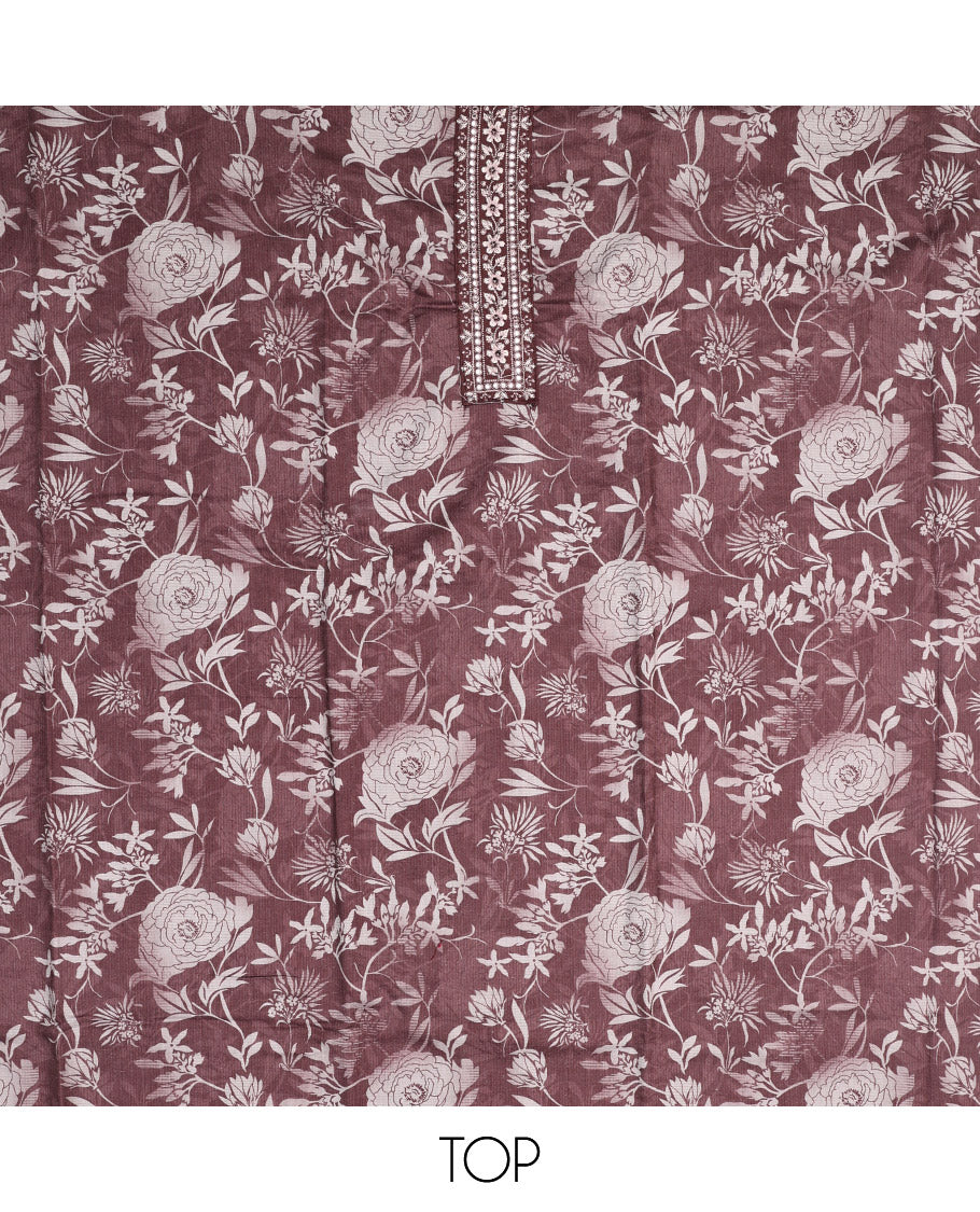 Brown Material Chudidar Set, Prettified with Floral Print and Embroidery on Cotton Top, a Plain Bottom, and Paired with a Floral Embroidered Scallop Dupatta