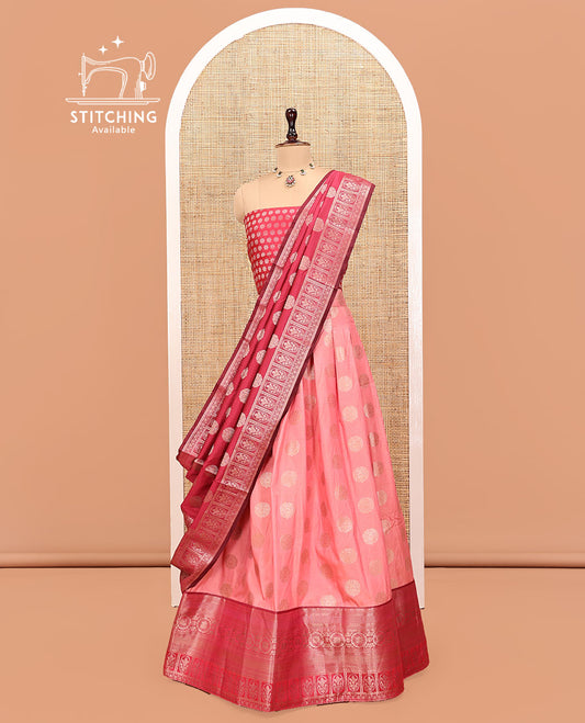 Pink Art Silk Half Saree, Detailed with Zari Buttas Skirt, Contrast Traditional Border, Jacquard Blouse, and a Contrast Banaras Dhavani