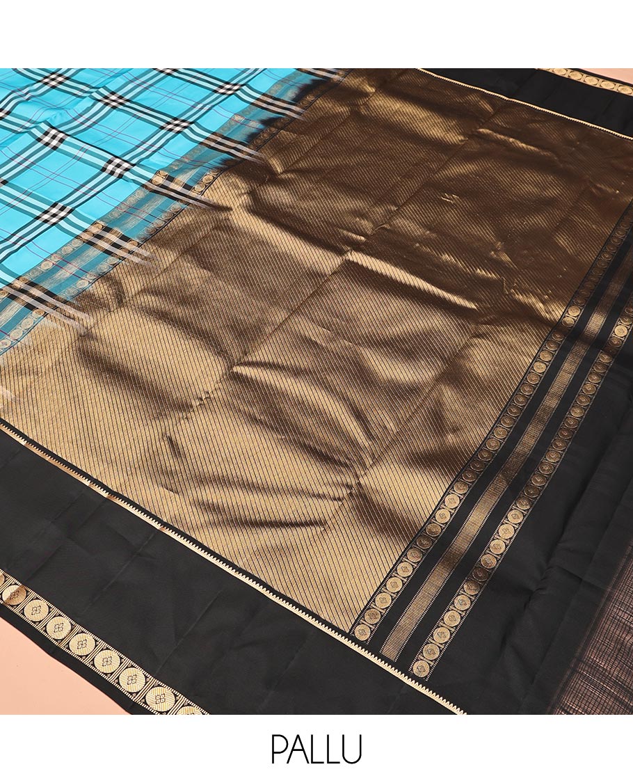 Blue-Black Vasundhara Lite Silkmix Saree Features Checks, Contrast Rettai Pettu Rekku-Poun Border, Zari-Striped Pallu, and a Contrast Blouse