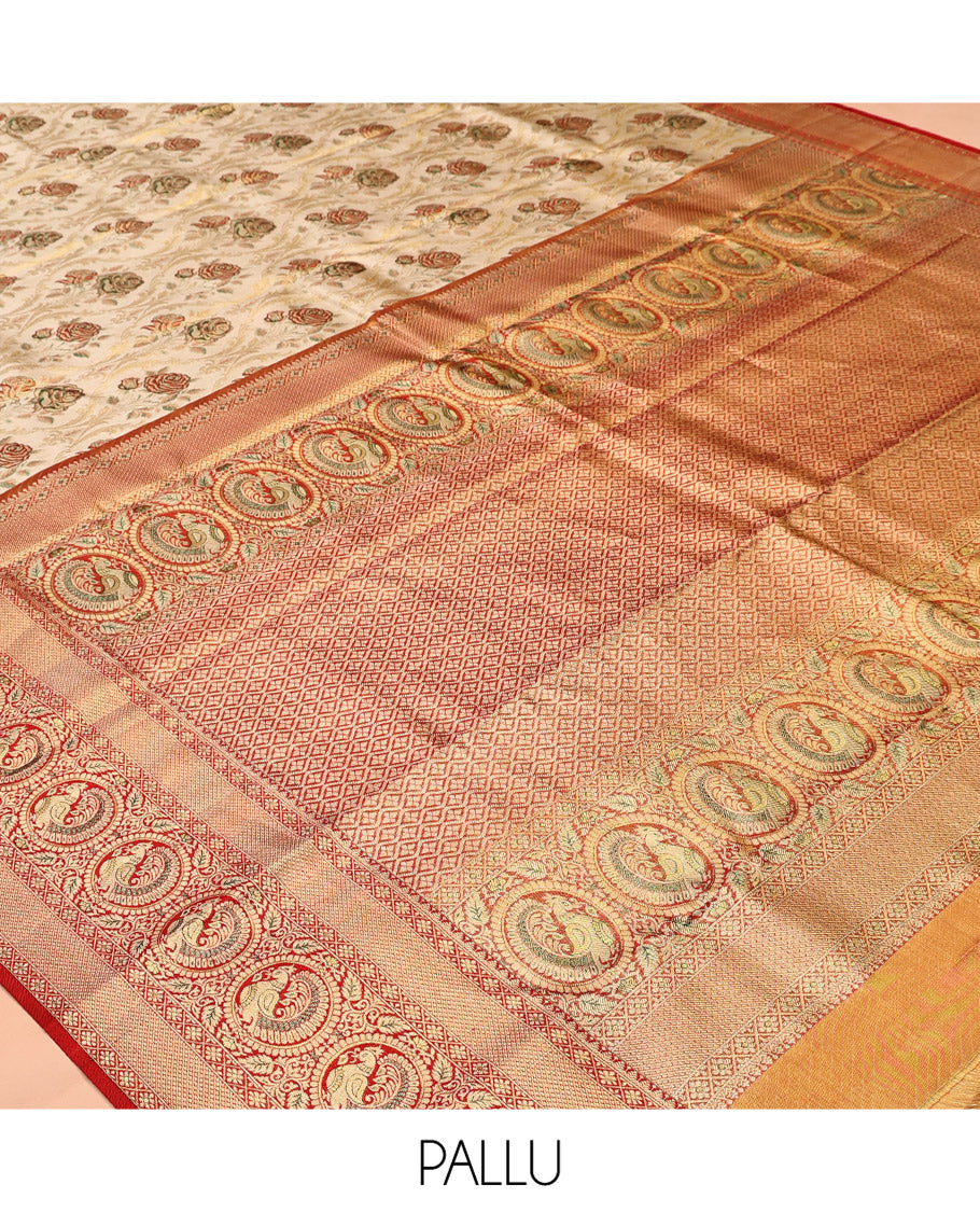 Gold Floral Jacquard Kanchipuram Tissue Silk Saree, a Contrast Border of Rekku, Diamond, and Round Mayil Design, Grand Pallu, and a Contrast Blouse