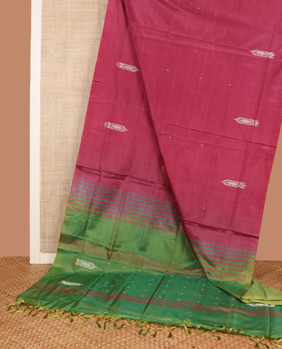 Borderless Red Banana Pith Saree, Detailed with Buttas All Over Its Body, Complemented by a Contrast Pallu Featuring Buttas, and Paired with a Contrast Blouse