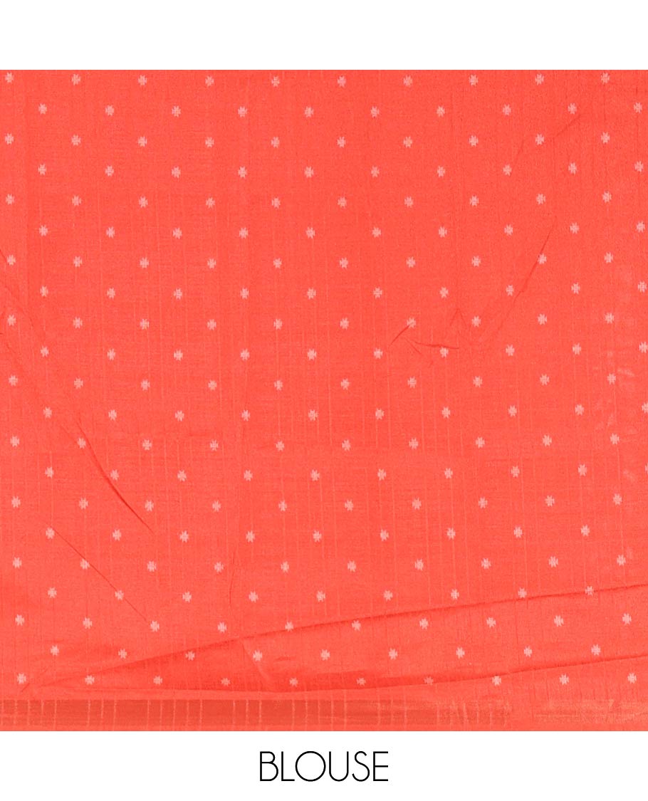 Cream and Red Semi-Tussar Saree, Subtly Sparkled with Stripes, Temple Motifs, and Circle Motifs on Its Body, Complemented by a Contrast Border, and Pallu of Geometric Print, and Paired with a Contrast Blouse
