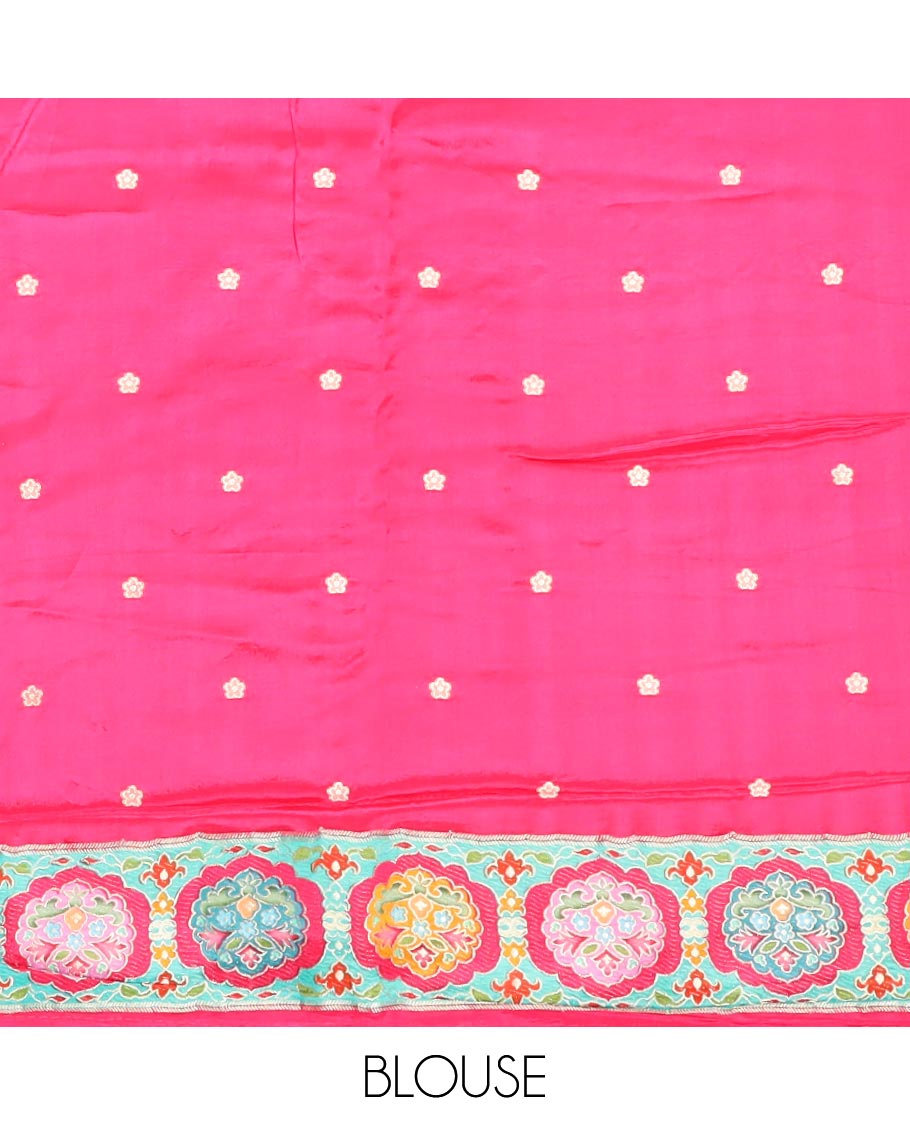 Violet floral vine design semi-banaras dola silk saree with contrast border & intricate design pallu