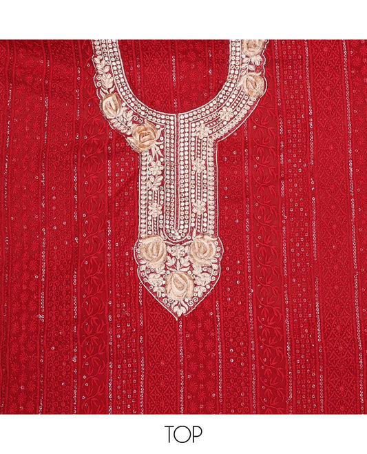Red chudidhar material set , floral  embroidery, sequins top, plain bottom & floral sequins with scallop border dupatta