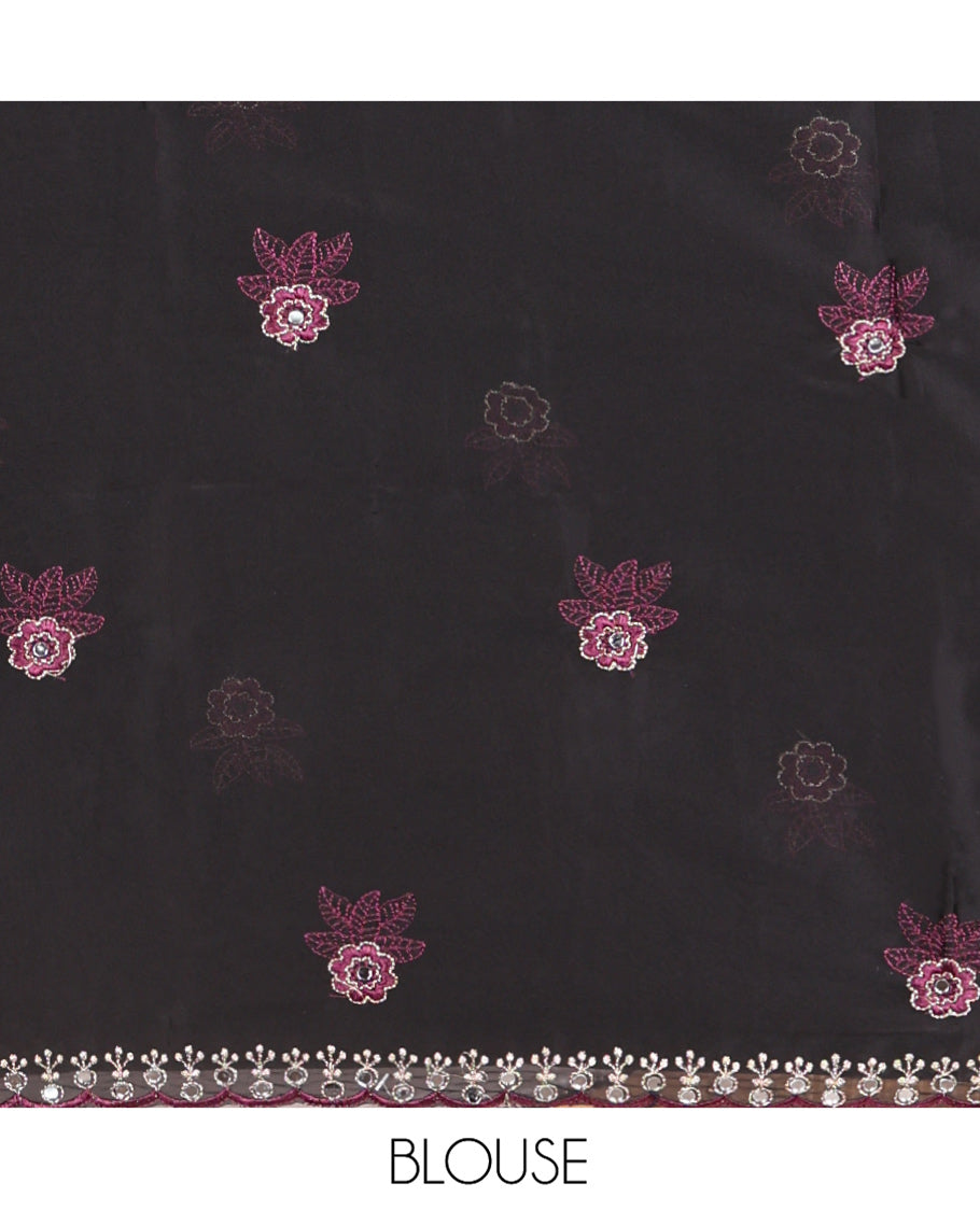 Purple Rangoli Chiffon Saree, Enriched with Flower-Style Motifs Embroidered on Its Body, a Subtle Scallop Embroidered Border, a Self-Pallu, and Paired with a Contrast Embroidered Blouse