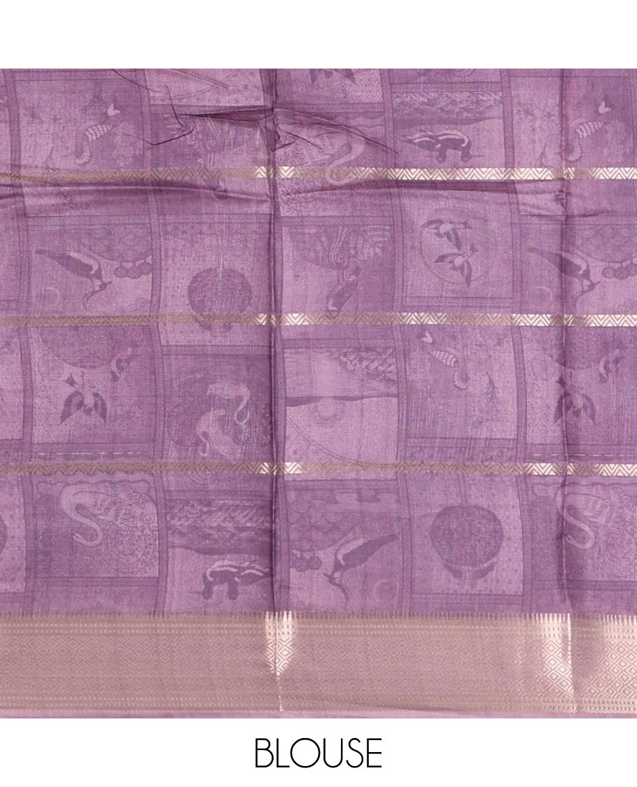 Purple horizontal zari striped with bird motifs printed soft tusser saree, traditional zari border & geometric printed pallu