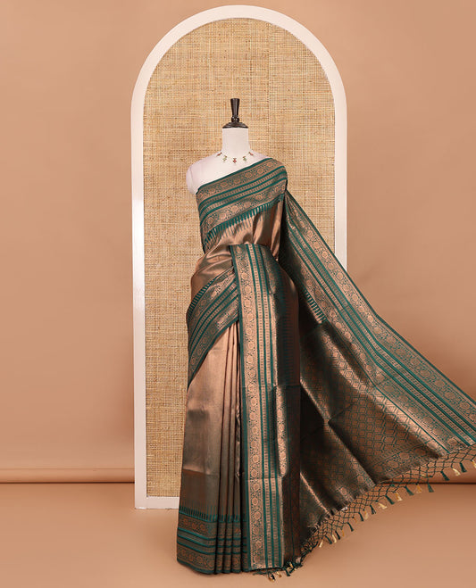 Bottle green kanchi tissue jacquard saree, traditional zari temple border, zari woven jaal pallu & contrast small buttas blouse