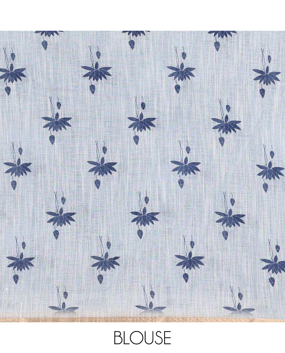 Navy Blue Linen Cotton Saree, Beautified with Pichwai Lotus Motifs Print, Subtle Piping Border, Pallu Mirrors the Same Pichwai Lotus Print, and Paired with a Contrast Pichwai Lotus Printed Blouse