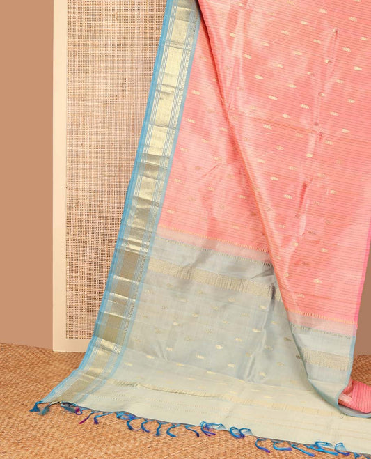 Peach striped, floral buttas kancheepuram silk saree with contrast zari design border & floral buttas pallu