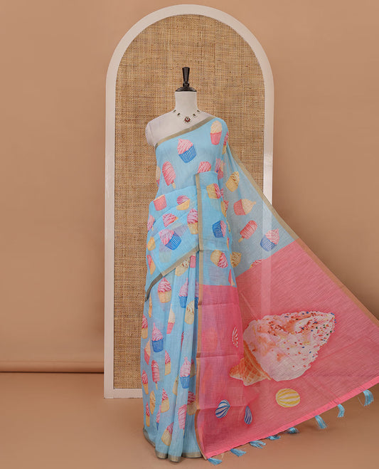 Pastel blue cupcake & Ice Cream motifs printed Linen saree, piping border, contrast Cone Ice Cream motif printed pallu & pink printed blouse