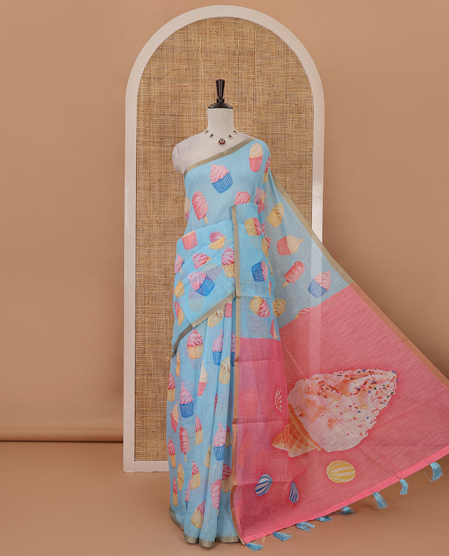 Pastel blue cupcake & Ice Cream motifs printed Linen saree, piping border, contrast Cone Ice Cream motif printed pallu & pink printed blouse