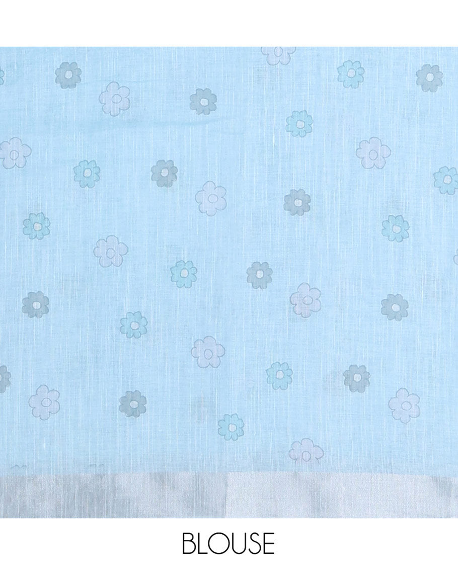 Cream and Blue Linen Cotton Saree, Beautified with Ombre-Style Double-Color Print, Highlighted by Contrast Zari Bavanji Border, Pallu Pictures Floral Prints, and Paired with a Floral Printed Blouse
