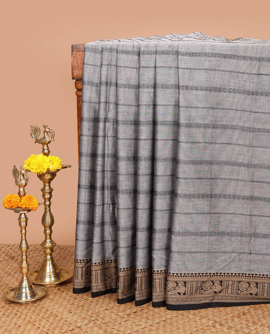 Silver grey annam, rudraksh zari design narayanapet cotton saree with annam thread border & cheer pallu along with running blouse