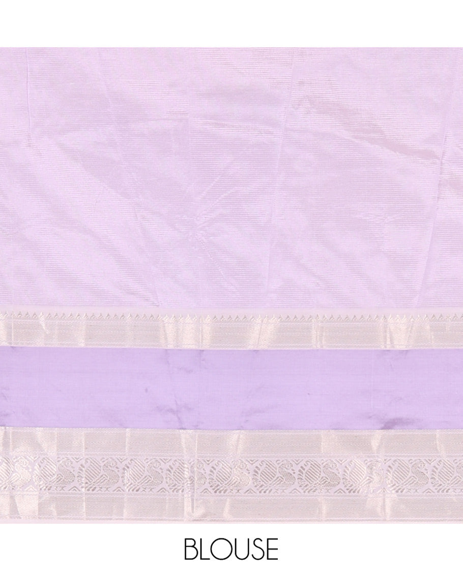 Off-White and Lavender Mangalagiri Silk Saree, Sparsely Woven Stripes on Its Body, Complemented by Contrast Border of Temple and Peacock Designs, Striped Pallu, and Paired with a Contrast Blouse