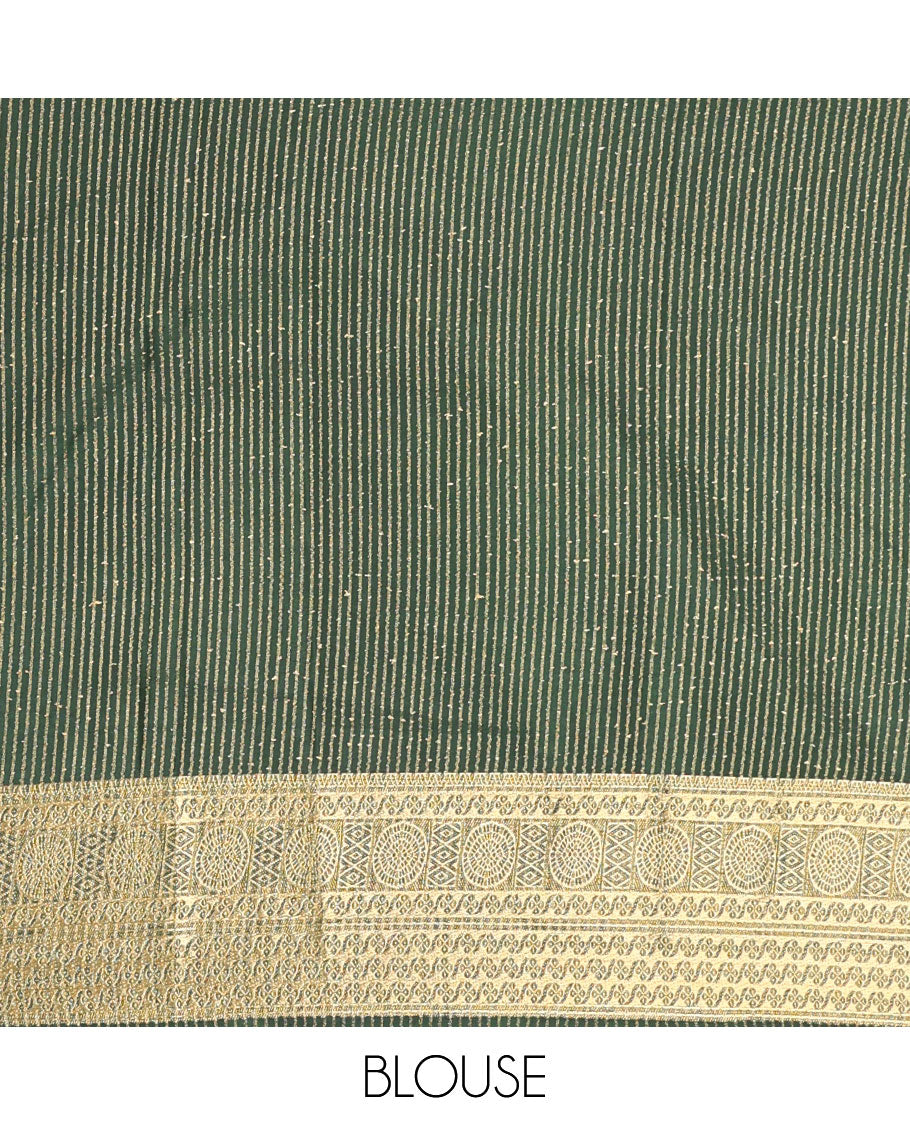Green striped zari mysore silk saree with contrast intricate zari border & striped zari pallu