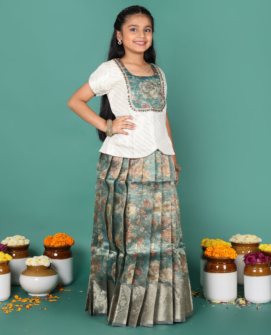 Blue readymade art silk pavadai, floral print & zari border skirt & jacquard embroidered round neck half-sleeve blouse
