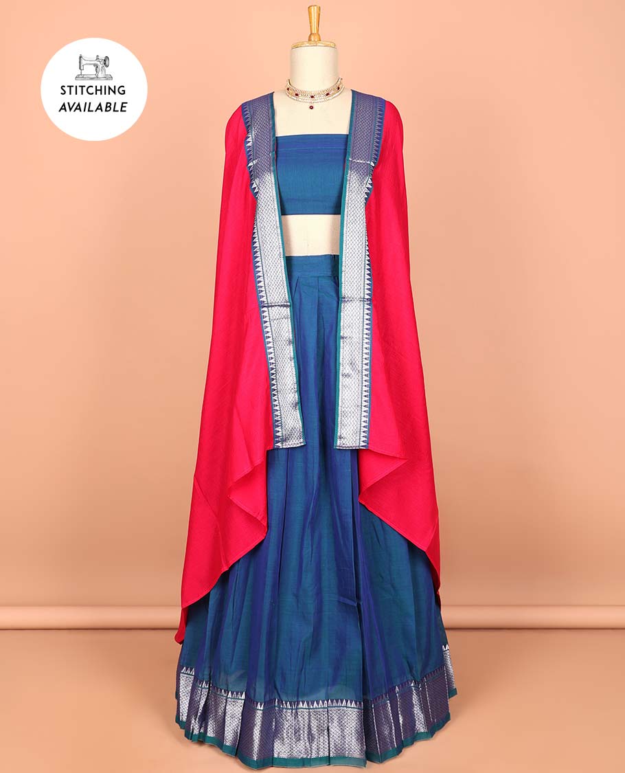 Green cotton half saree with contrast zari border, plain blouse & plain with zari border dhavani