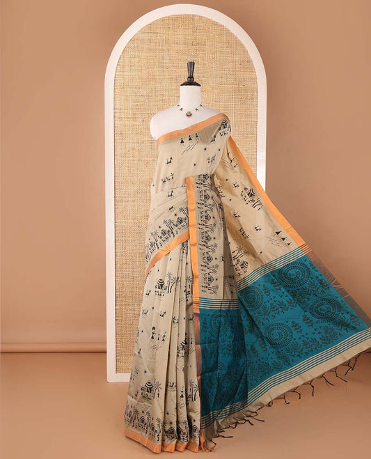 Tan warli motifs printed micro-silk saree, copper zari small border, contrast warli printed pallu & plain blouse