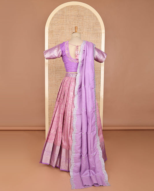 Pink floral art silk half saree with contrast zari design border, embroidery blouse & floral embroidery dhavani