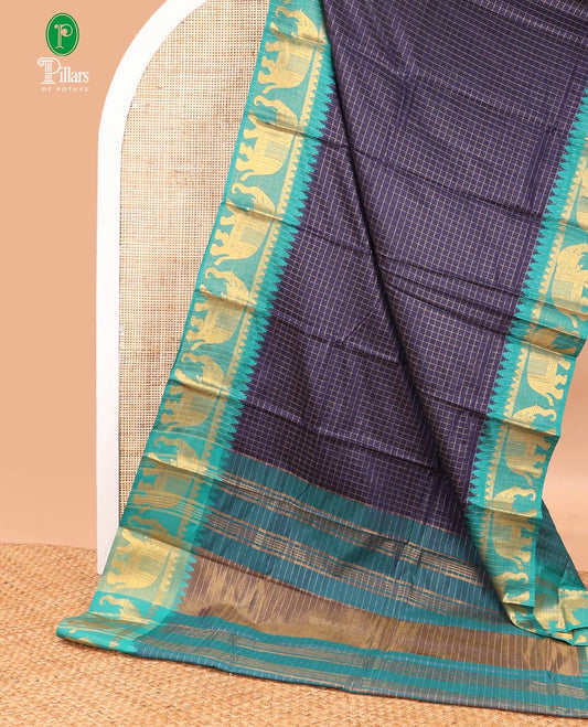Navy blue zari checked design dola silk saree with contrast elephant design border & chit pallu along with checked design blouse