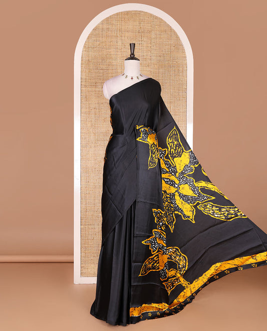 Borderless black-yellow batik style abstract digital printed satin crepe saree with blouse of small buttas