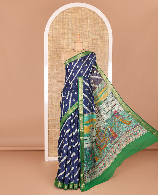 Blue batik style lehariya stripes printed muslin silk saree, contrast peacock zari woven border, Mughal inspired painting style motifs printed pallu and a contrast blouse