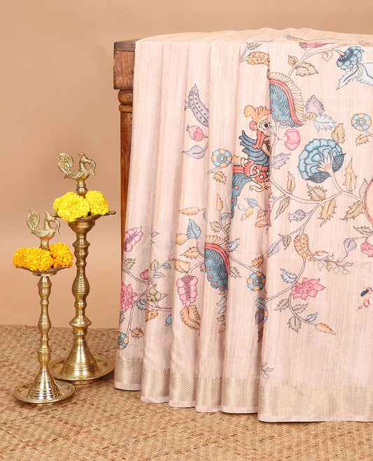 Cream kalamkari printed design khicha tussar silk saree with zari jacquard border & jute weaving, chit pallu along with plain blouse