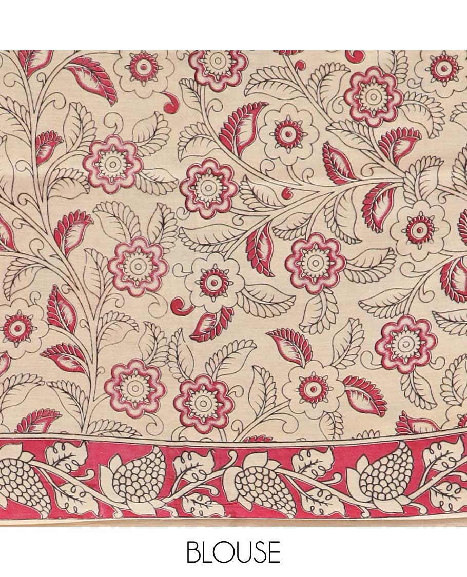Blue pichwai, forest design machine printed kalamkari cotton saree with contrast border & peacock design pallu