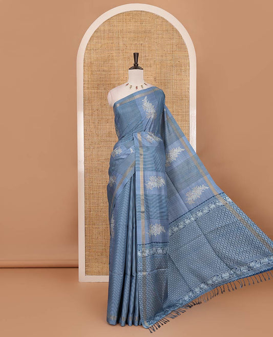 Grey vertical striped & floral motifs Katan silk saree, zari piping border & pallu of yaali & jaal motifs