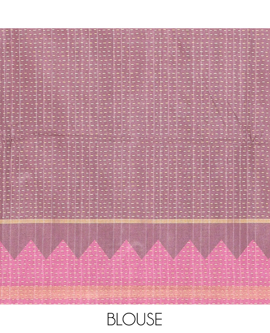 Pink Katan Silk Saree, Adorned with 3d-Style Print and Dotted-Style on Its Body, Complemented by Contrast Border, Pallu Steeped with Buttas, and Paired with a Contrast Blouse