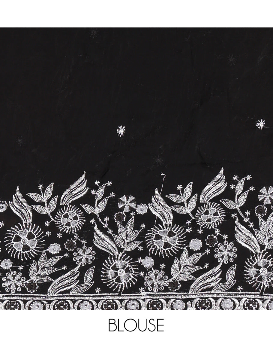 Borderless Grey-Black Georgette Saree, Adorned with Floral Motifs, Contrast Floral Printed Mirrorwork Pallu, and a Contrast Designer Blouse