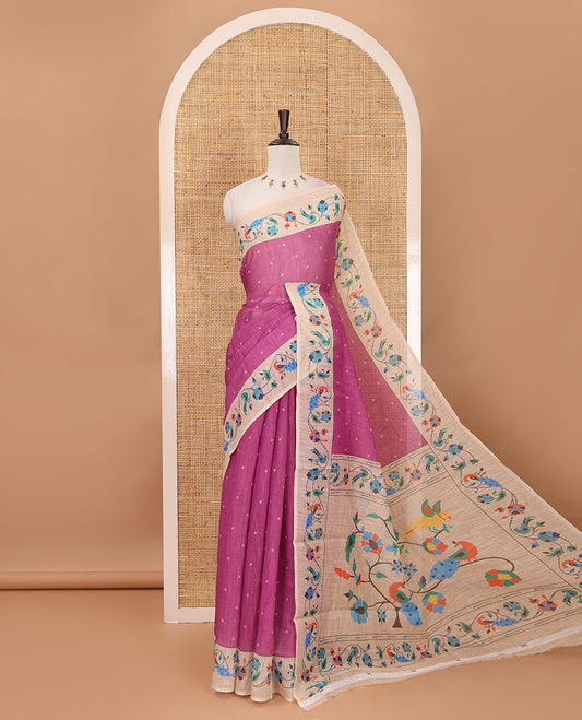 Pink small dotted buttas linen cotton saree, contrast border & pallu of paithani-style parrot, peacock, & floral vine designs