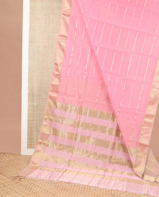 Light pink striped maheshwari cotton saree with self striped, temple border & checked pallu