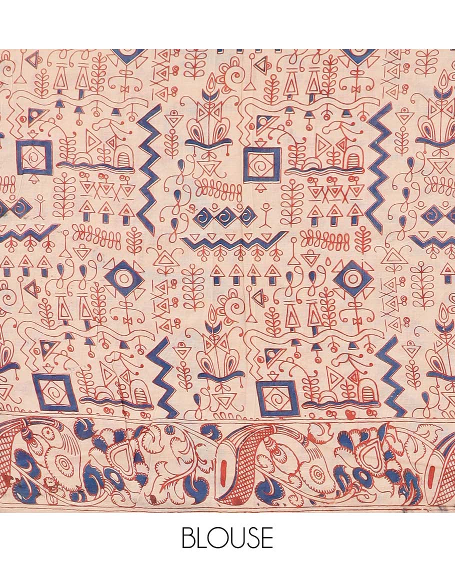 Cream egypt theme design machine-printed kalamkari cotton saree with contrast border & intricate design pallu