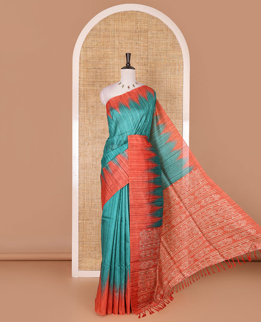 Peacock green full plain katan silk saree, contrast temple border, odisha style printed pallu, and contrast plain blouse