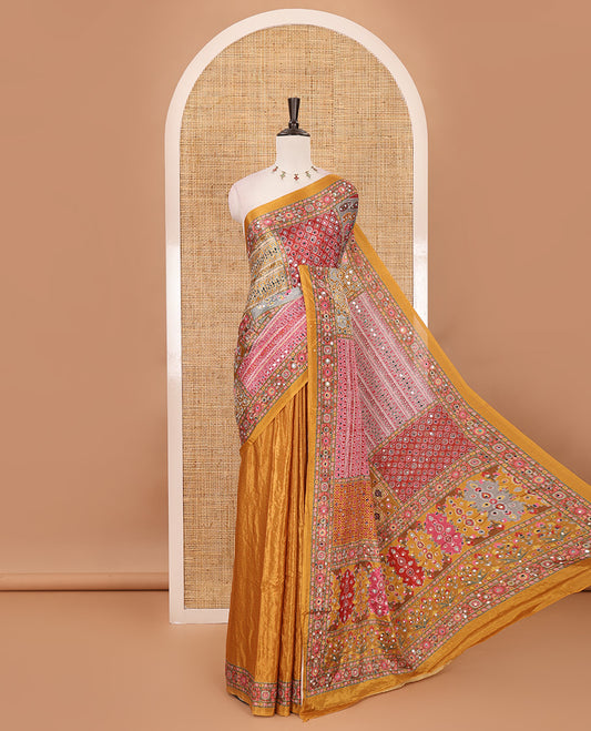 Mustard geometric patterns kaleidoscope-colored printed & mirror embroidered half-&-half masakali saree, printed border & pallu of  embroidery work & plain blouse