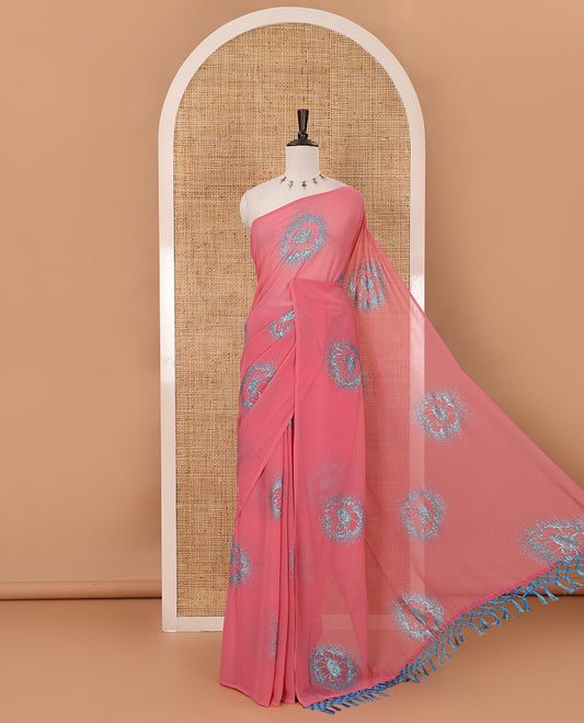 Borderless onion pink 60 gm georgette saree features floral vine designs, glitter embroidery work, contrast plain blouse