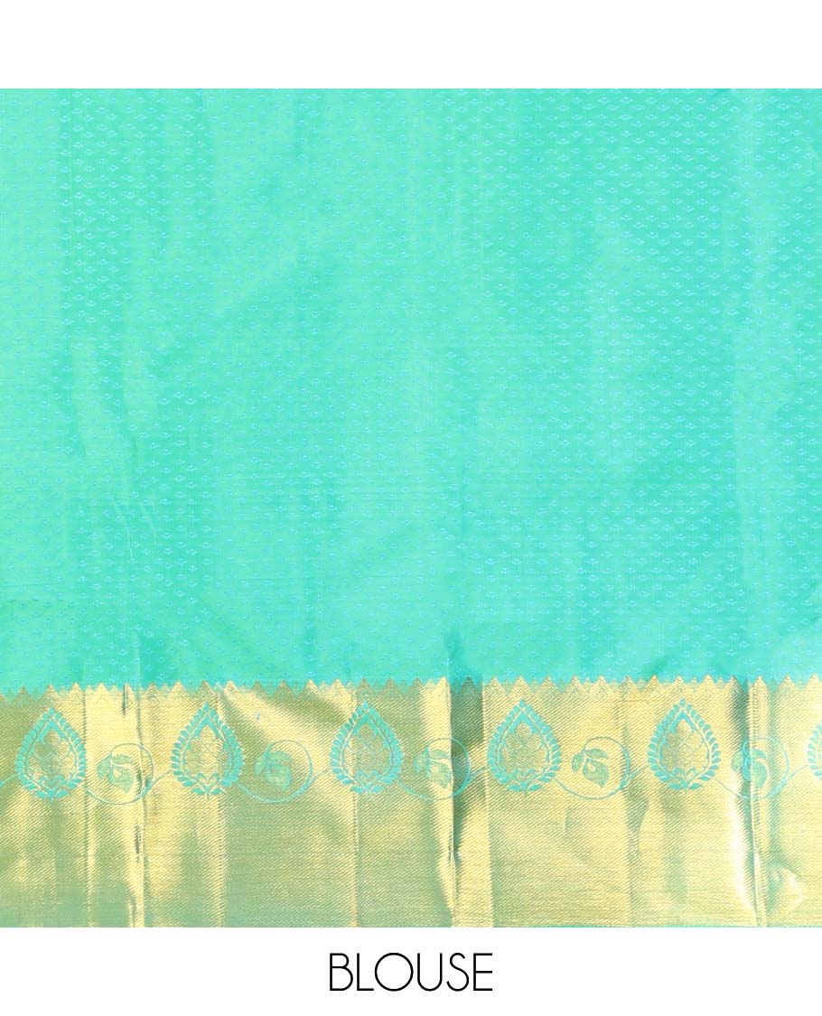 Green floral enclosed checked kancheepuram silk saree with self zari design border & floral zari design pallu