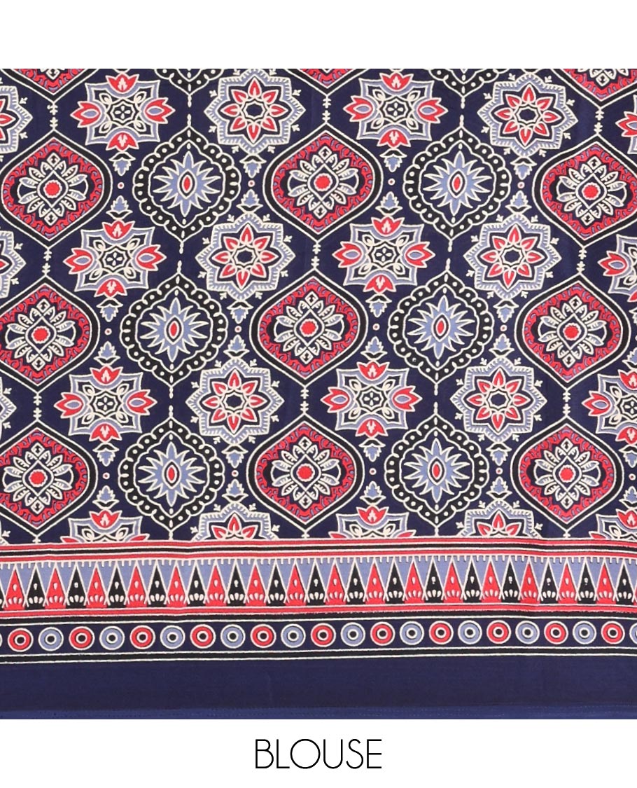 Blue plain design modal satin saree, Ajrakh printed border, floral-Ajrakh printed pallu & Ajrakh printed blouse